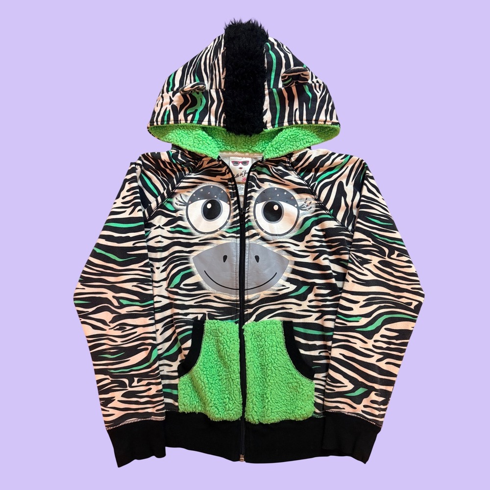 Y2K Belle du Jour Zebra Print Zip Up Hoodie Neon Green Animal Face Scene #19